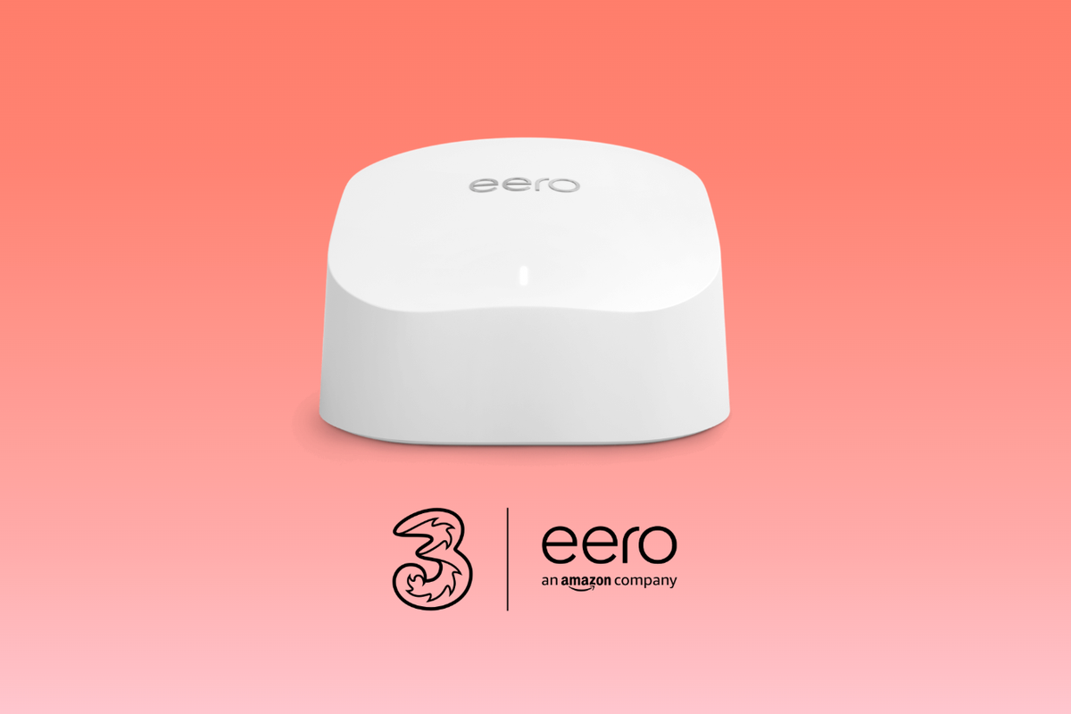 eero mesh wi-fi node on a red background