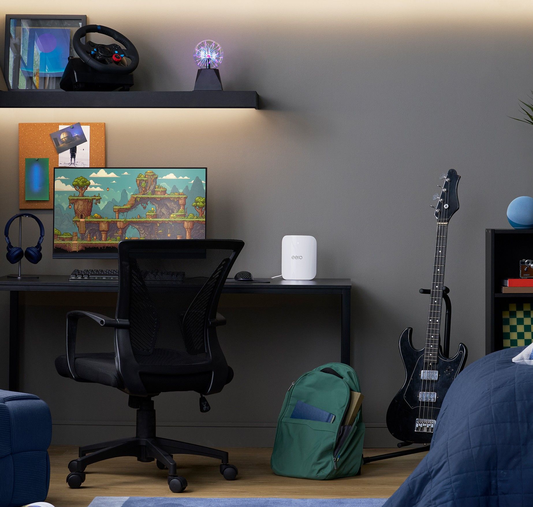 Eero Pro 7 router pictured on the side of a desk