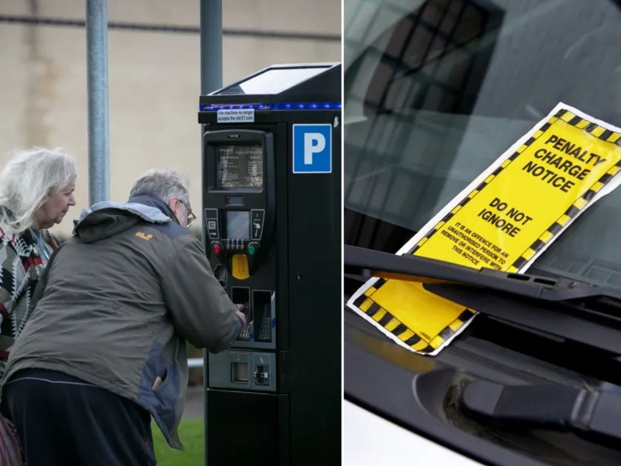 Elderly couple paying for parking and a penalty charge notice