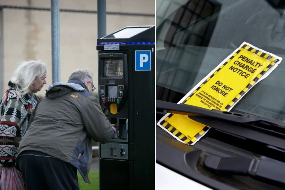 Elderly couple paying for parking and a penalty charge notice