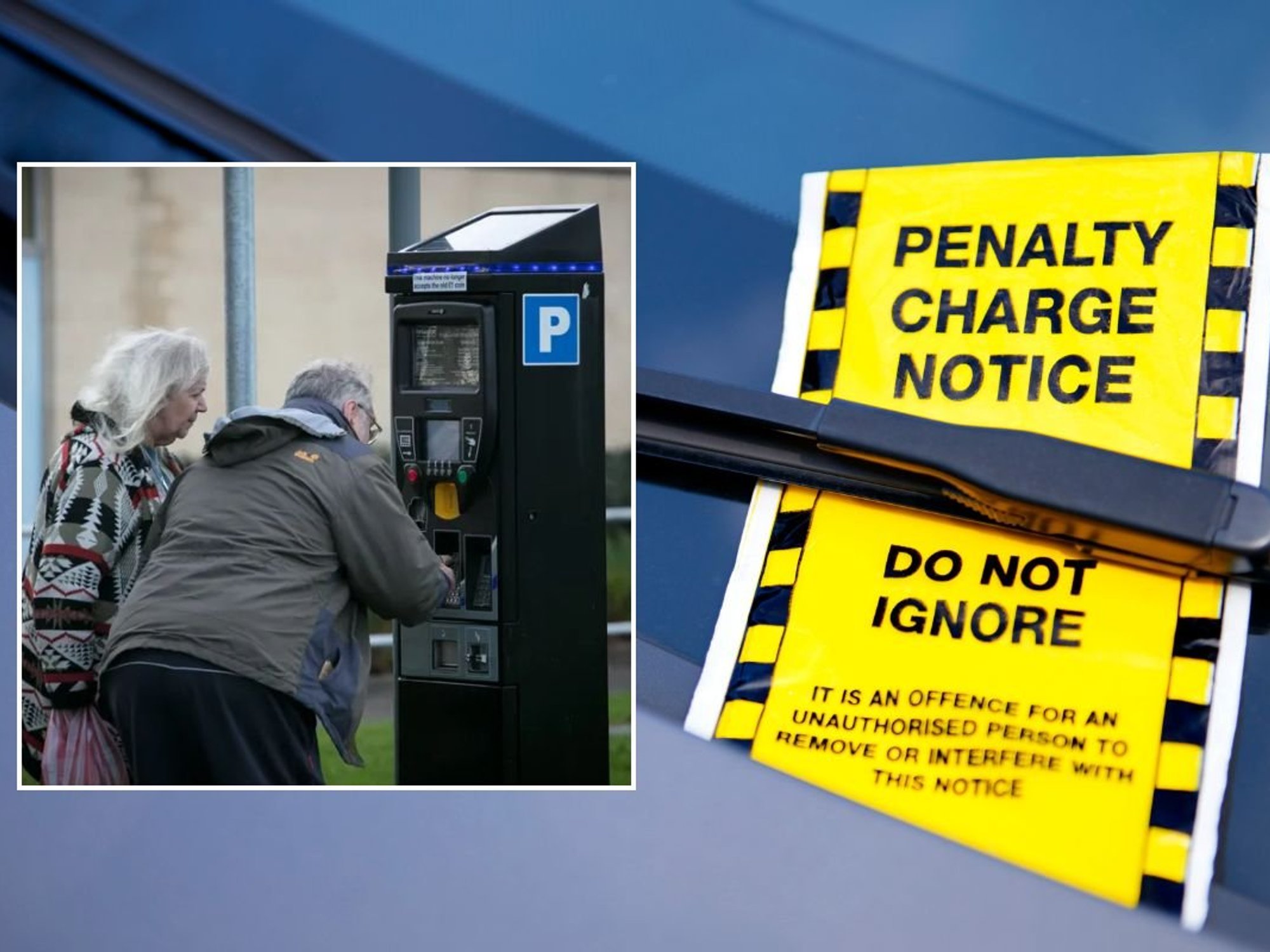 Elderly couple paying for parking and a penalty charge notice