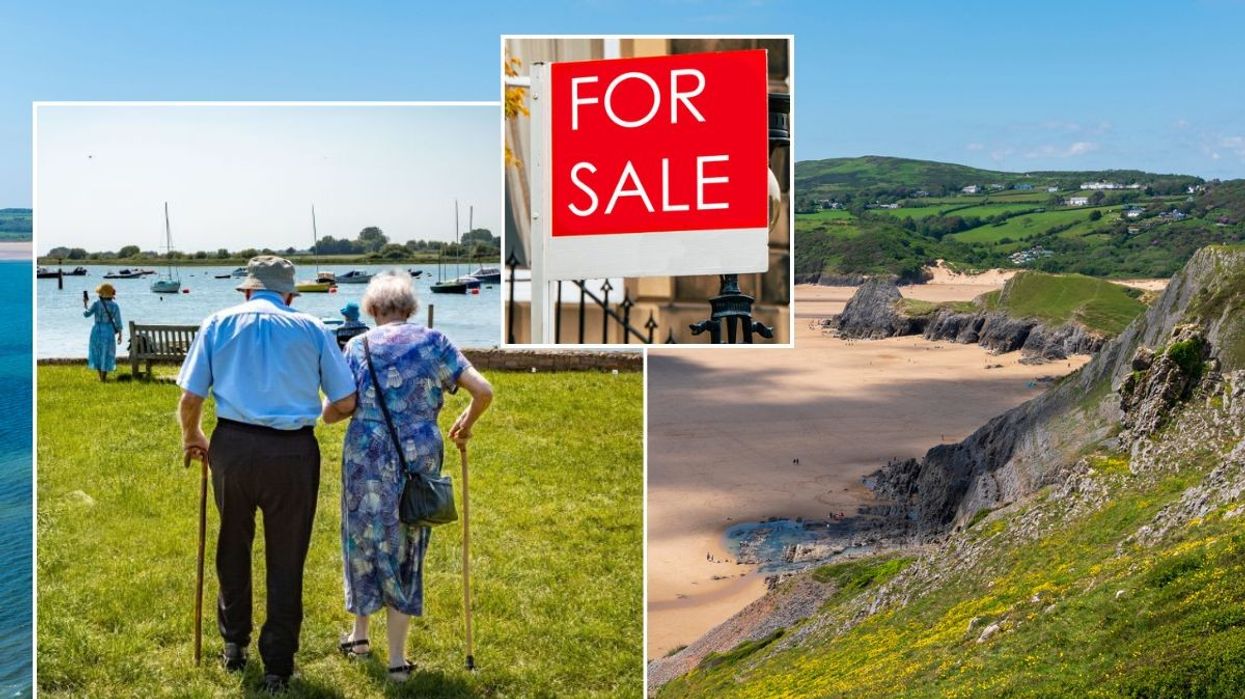 Elderly couple walking in Chichester Harbour / For sale sign / Gower National Landscape
