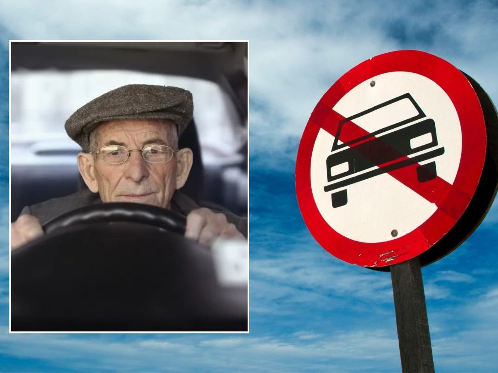 Elderly driver and a car ban sign