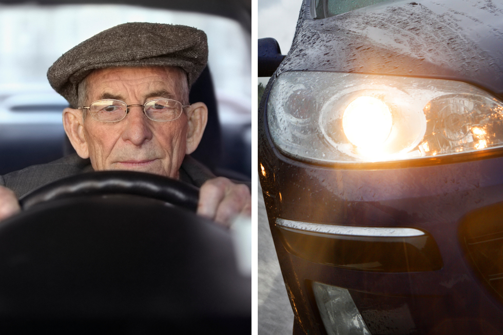 Elderly driver and car headlight