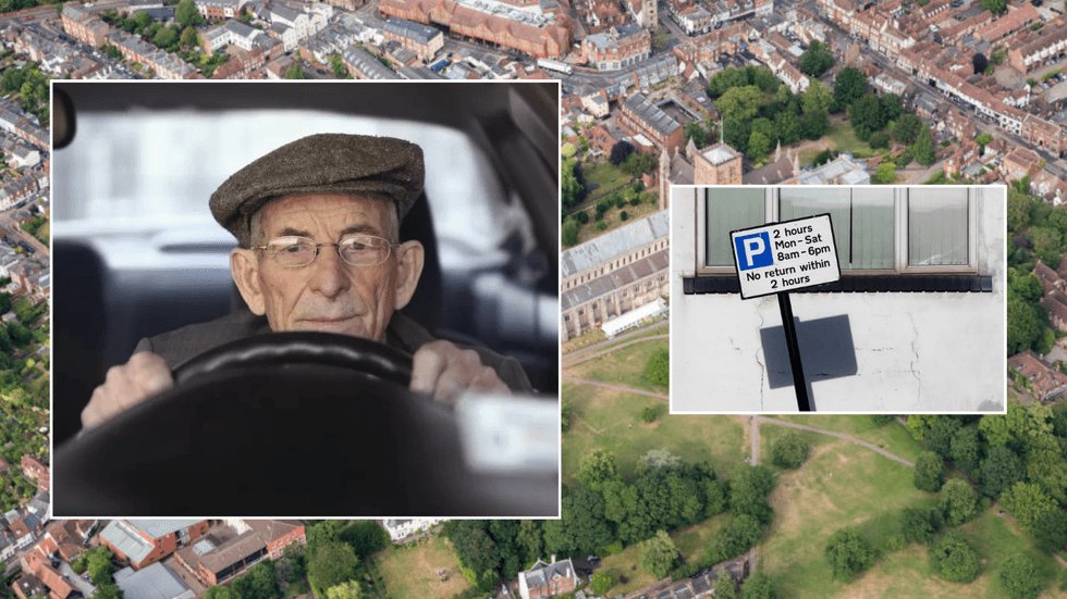 elderly driver and parking permit sign on st albans backdrop