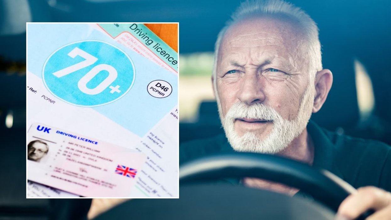 Elderly driver driving licence renewal form and an elderly driver squinting