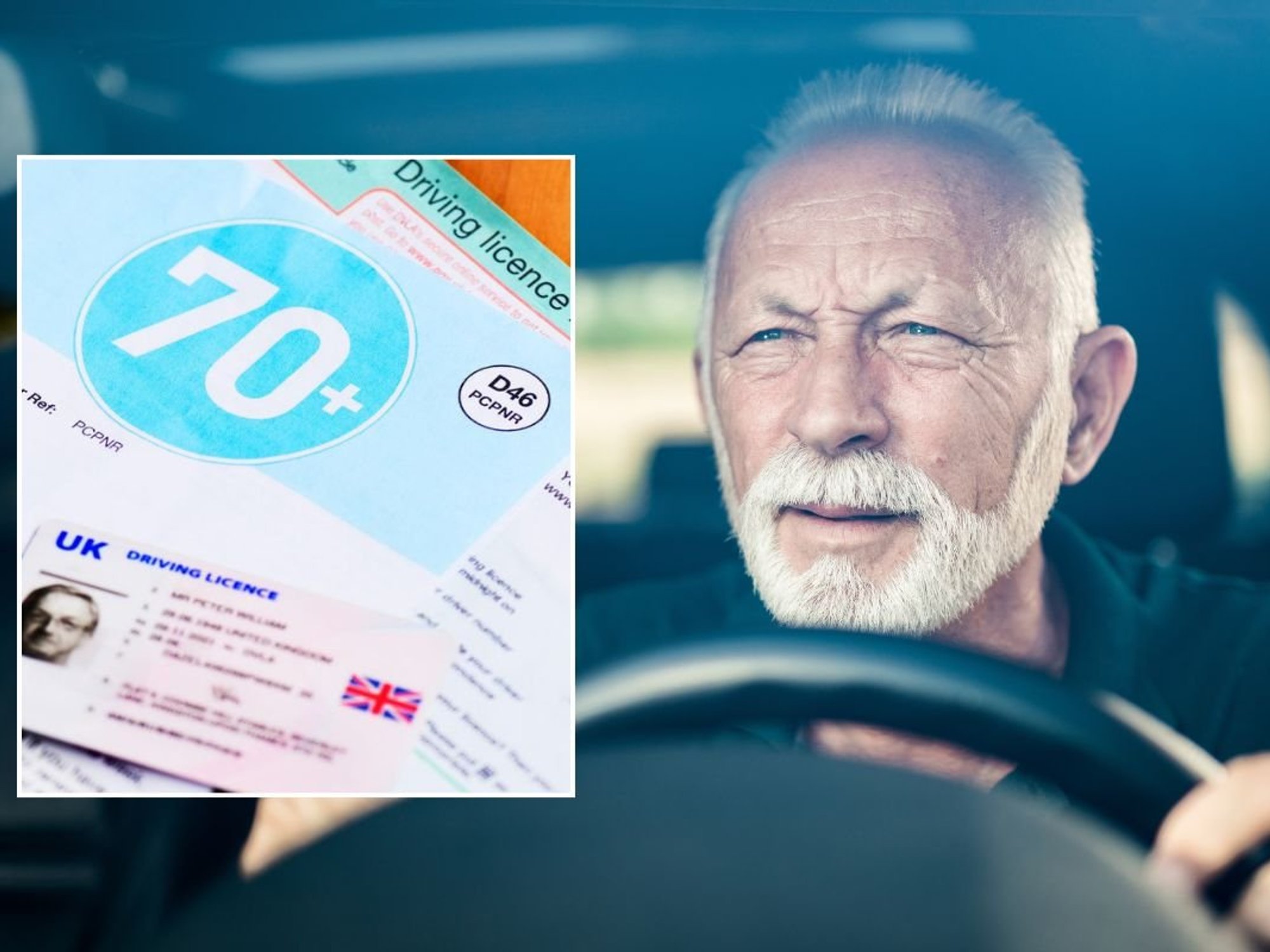 Elderly driver driving licence renewal form and an elderly driver squinting