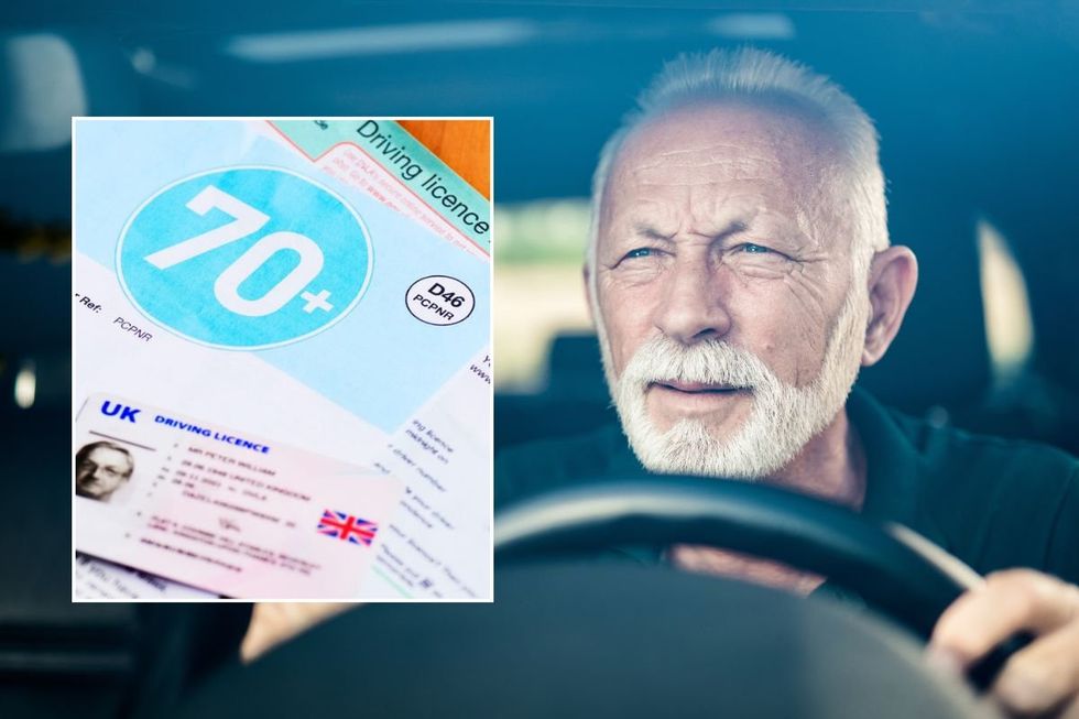 Elderly driver driving licence renewal form and an elderly driver squinting