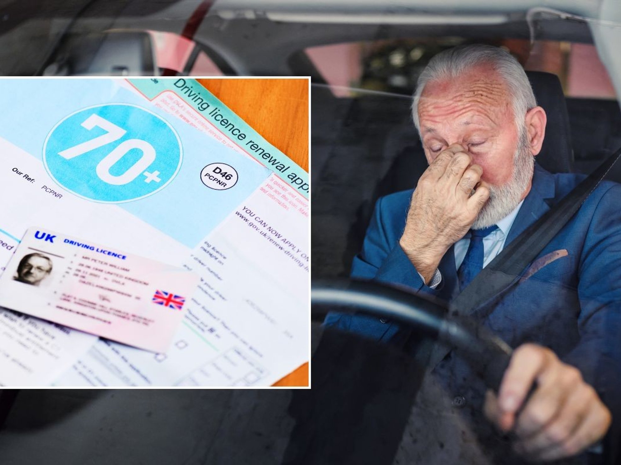 Elderly driver licence renewal application and an elderly man driving a car