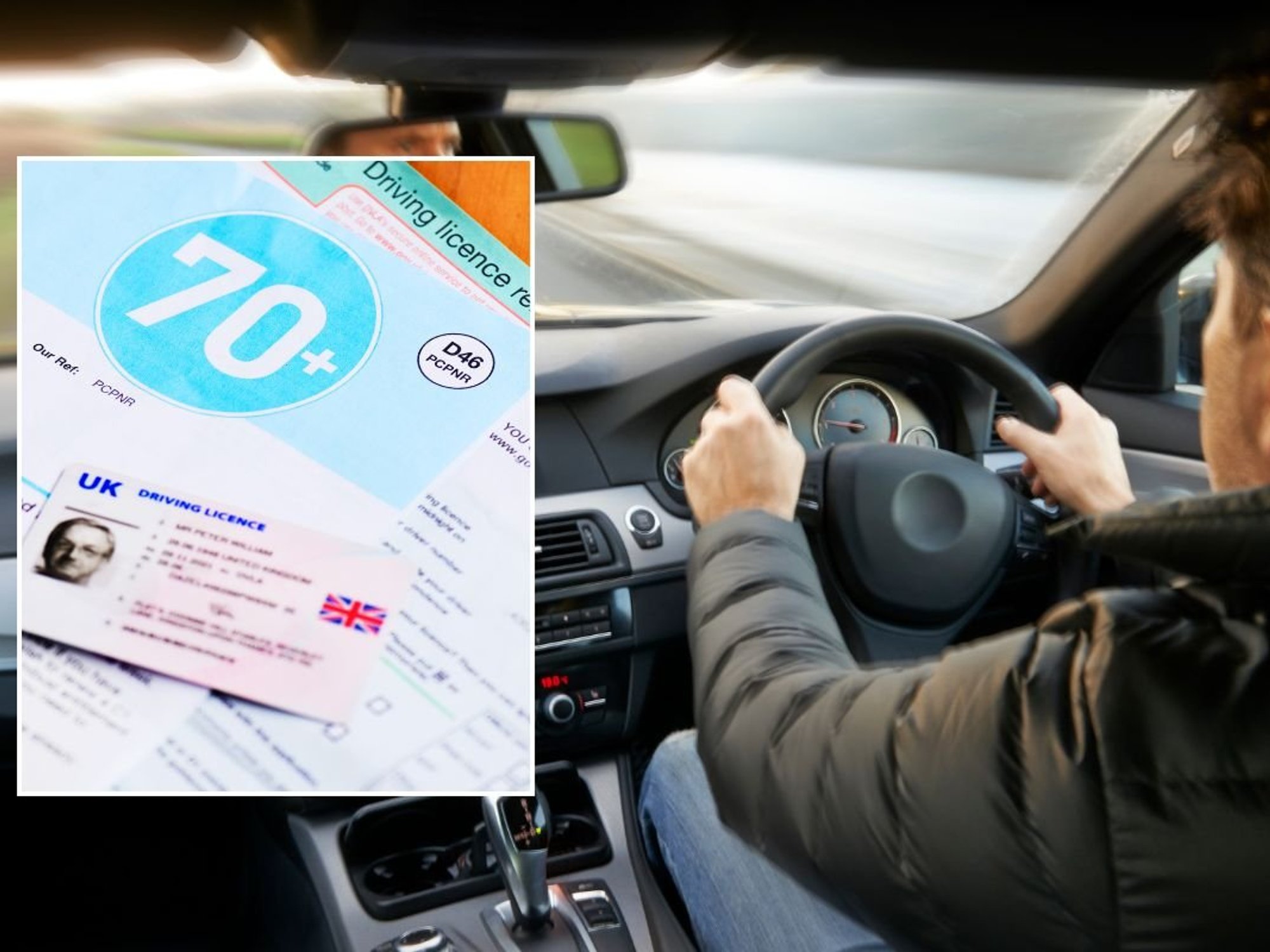 Elderly driving licence application form and a man driving a car