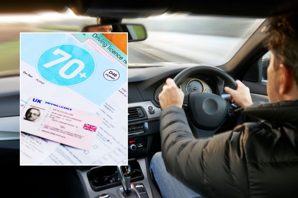Elderly driving licence application form and a man driving a car