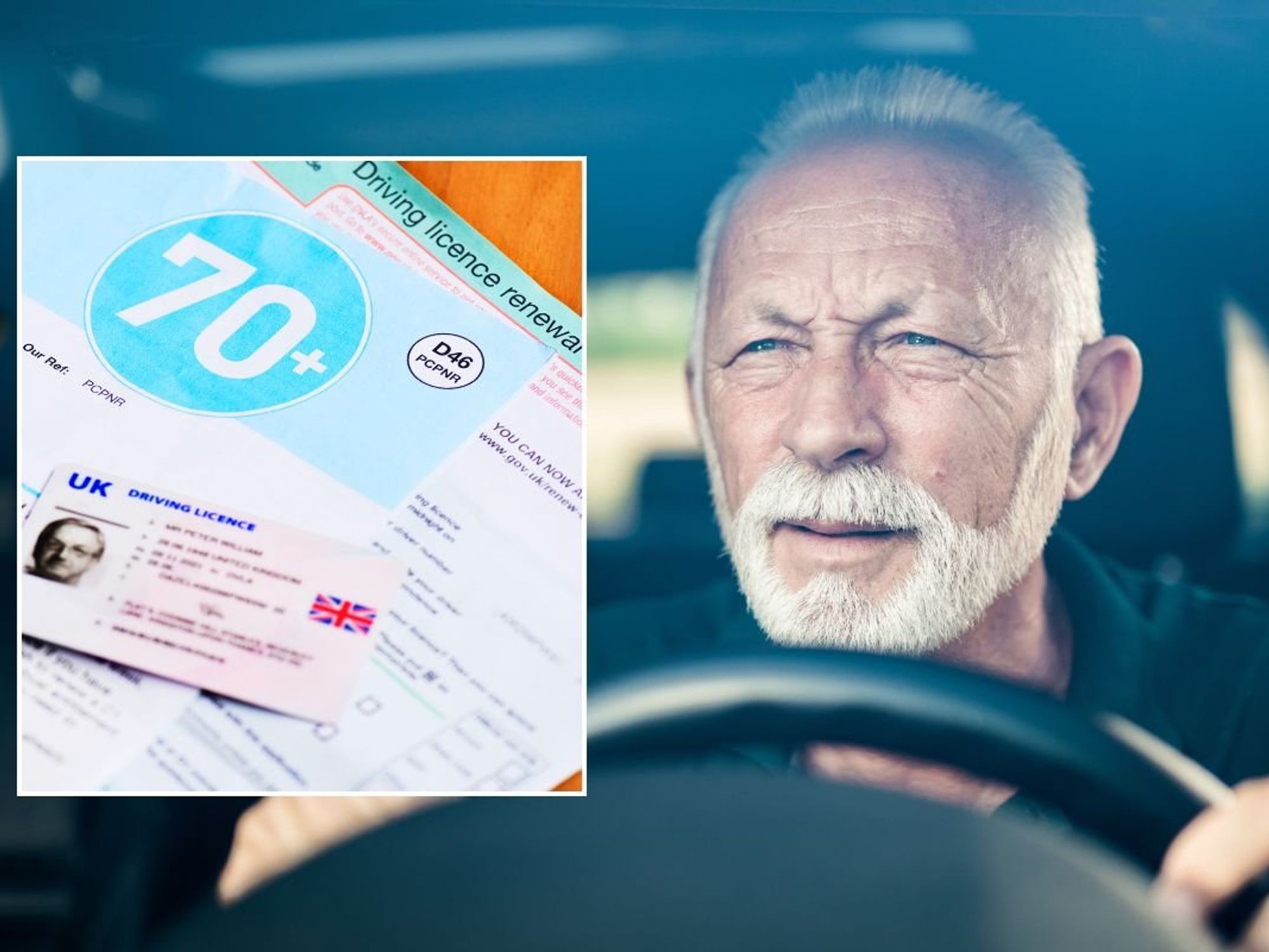 Elderly driving licence renewal and an older man driving a car