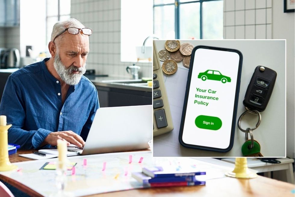 Elderly man checking a laptop and a car insurance policy