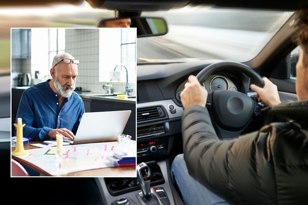 Elderly man checking laptop and a man driving a car