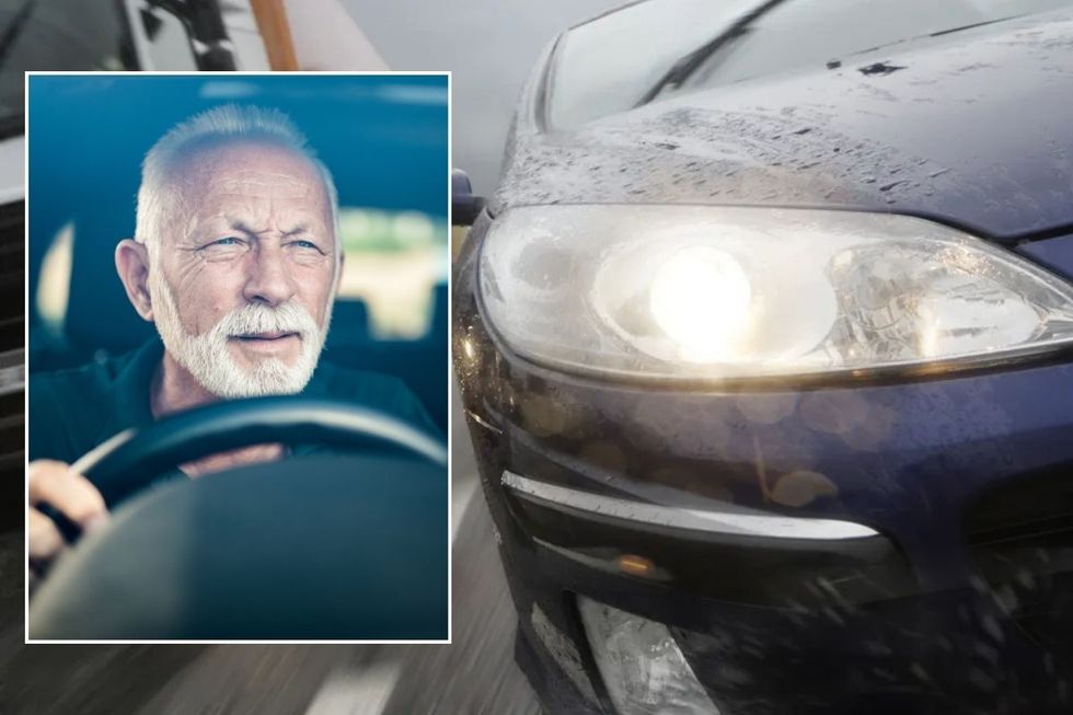 Elderly man driving and a car with bright headlights