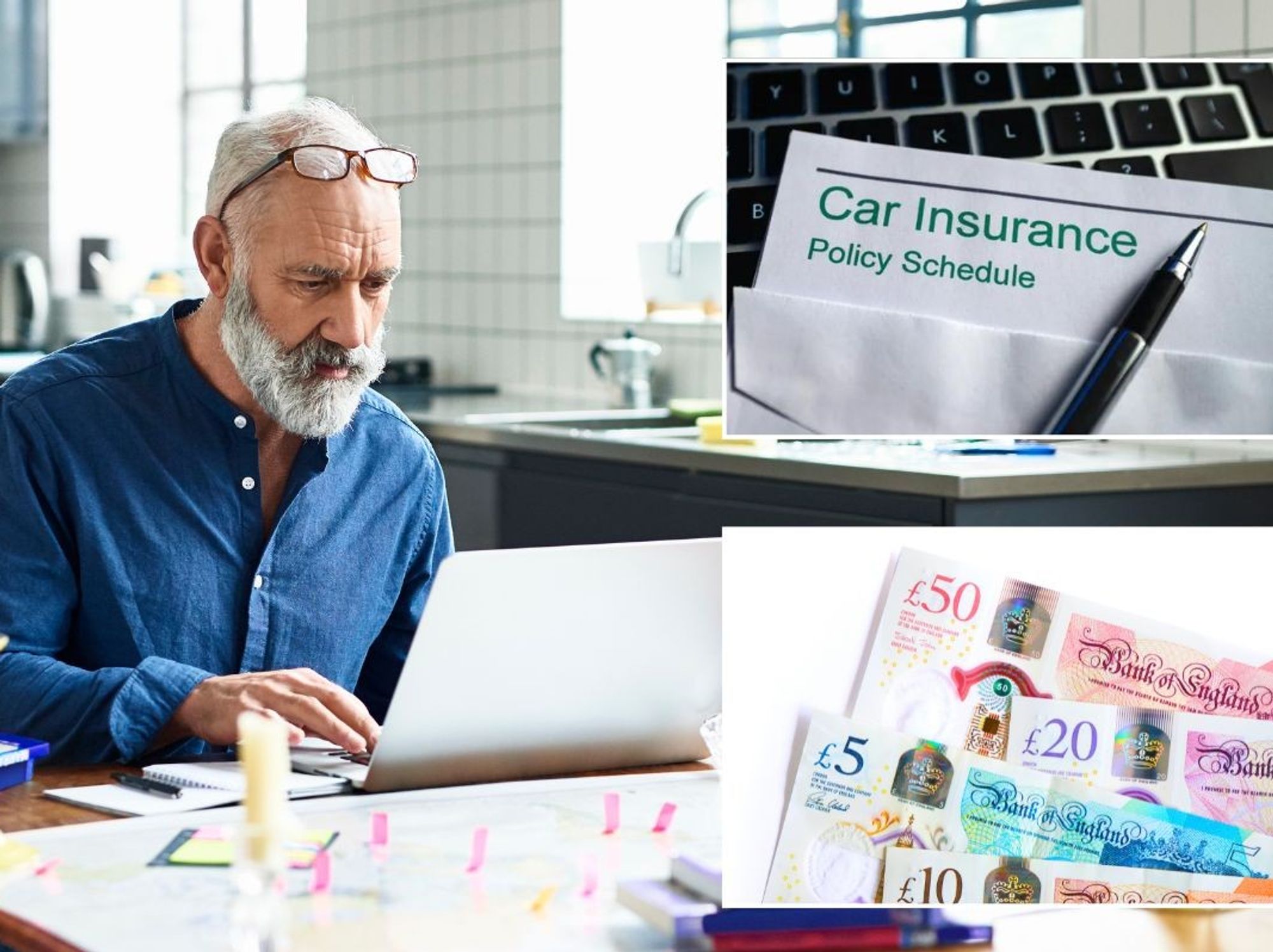 Elderly man looking at a laptop, a car insurance policy and UK money