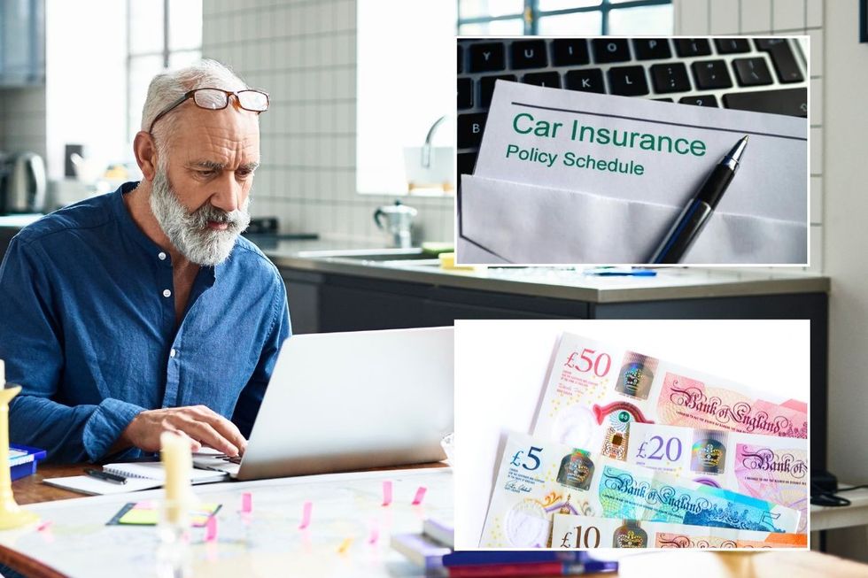 Elderly man looking at a laptop, a car insurance policy and UK money