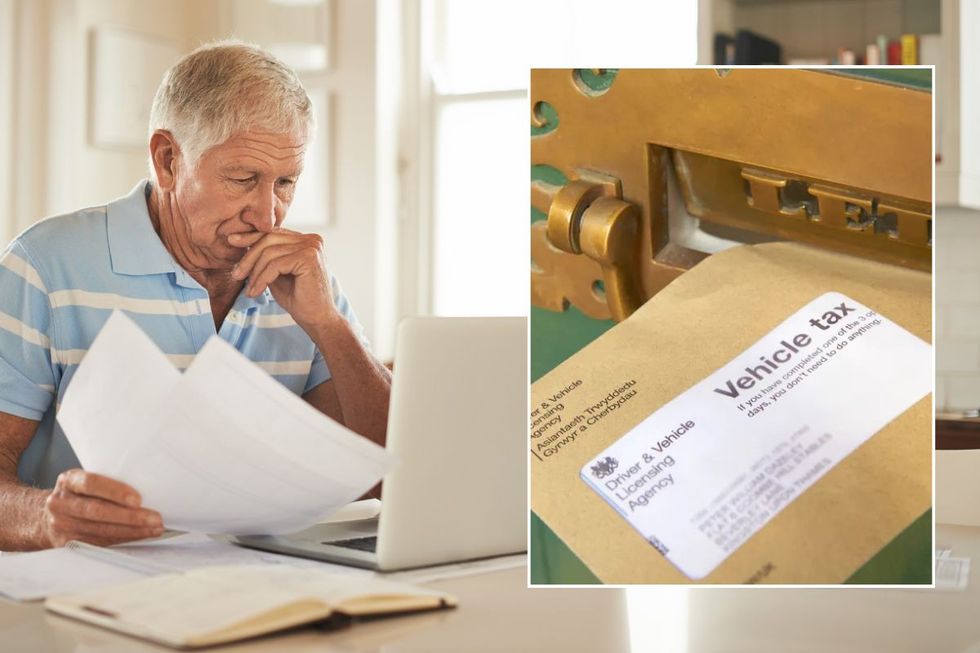Elderly man looking at a laptop and a vehicle tax reminder in the post