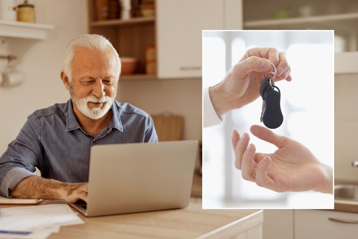 Elderly man on a laptop and a set of car keys