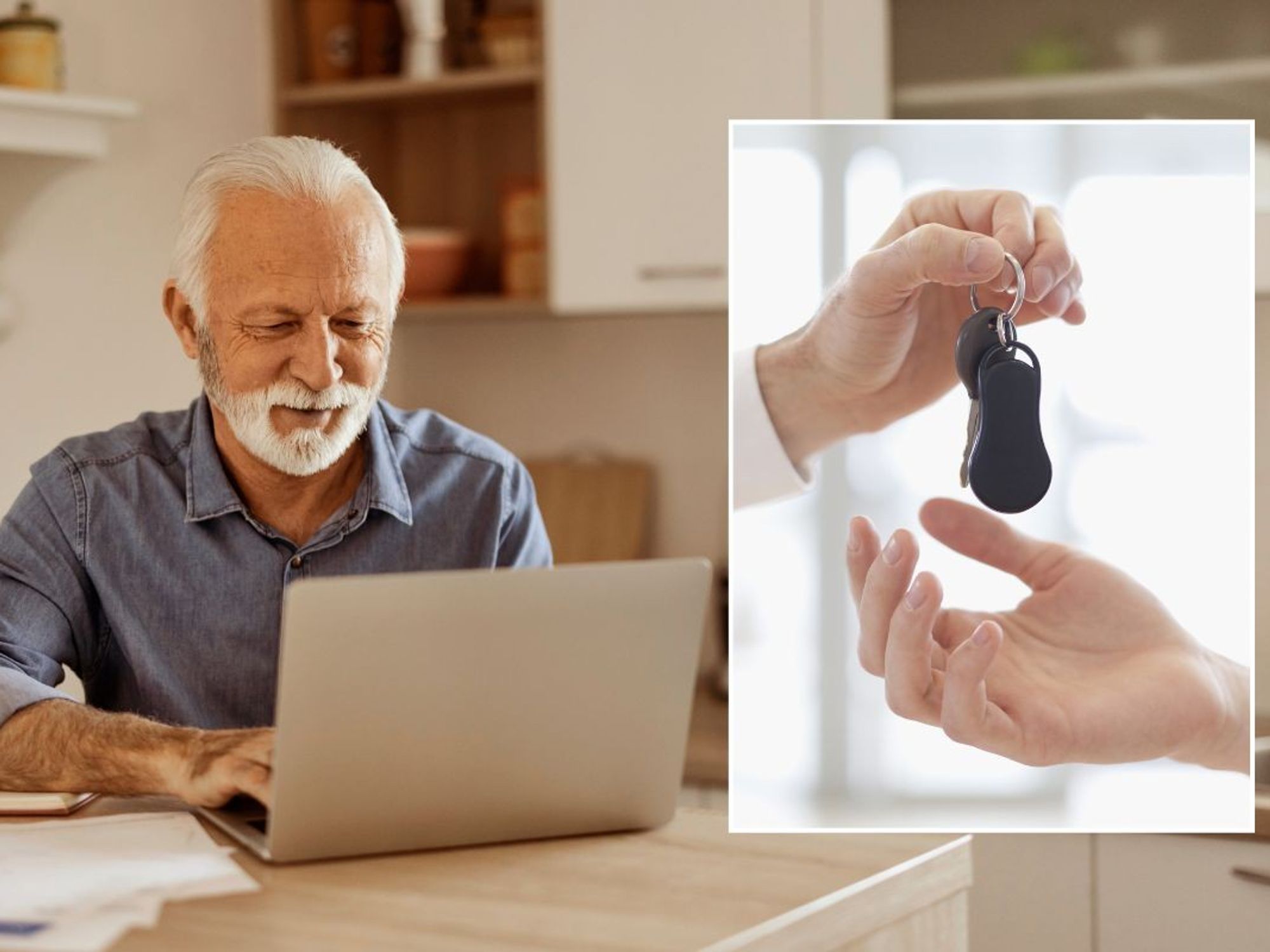 Elderly man on a laptop and a set of car keys