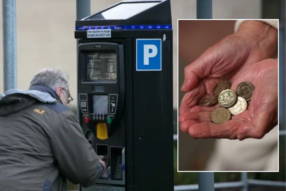 Elderly man paying for parking and an elderly hand holding pound coins