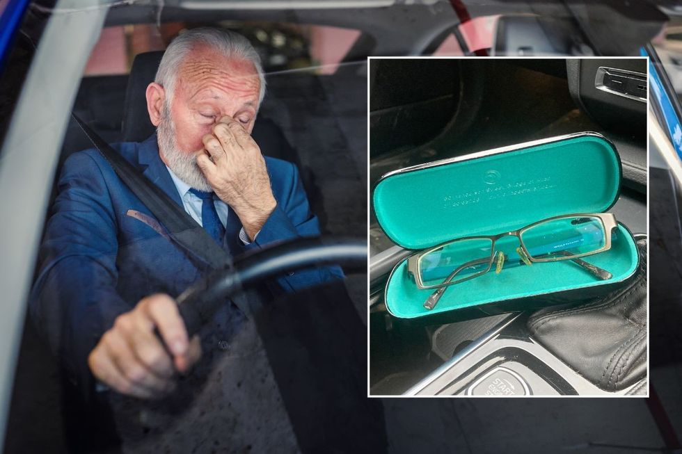 Elderly man squinting and a pair of glasses