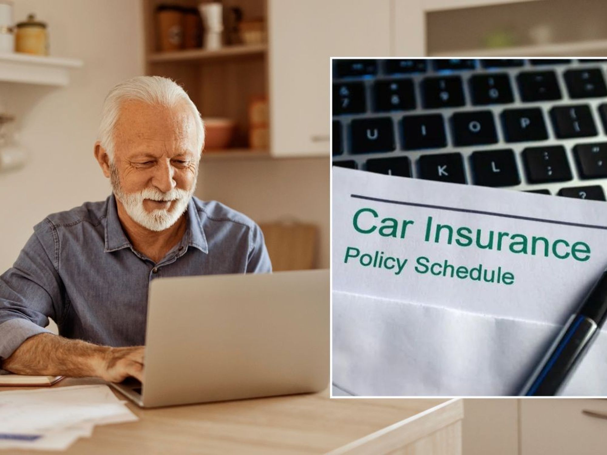Elderly man using a laptop and a car insurance policy
