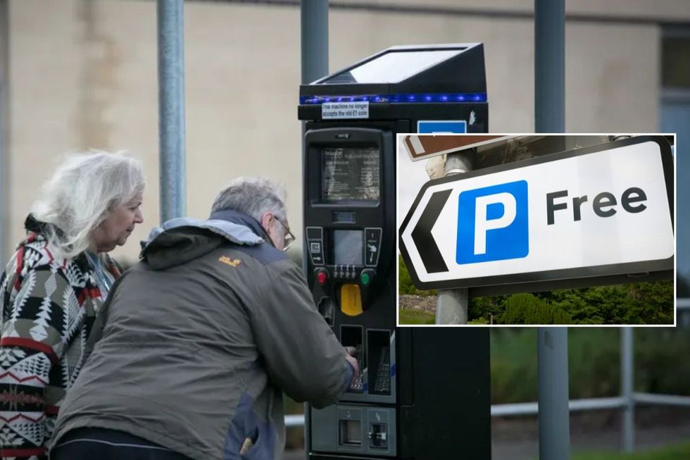 Elderly people paying for parking and a free parking sign