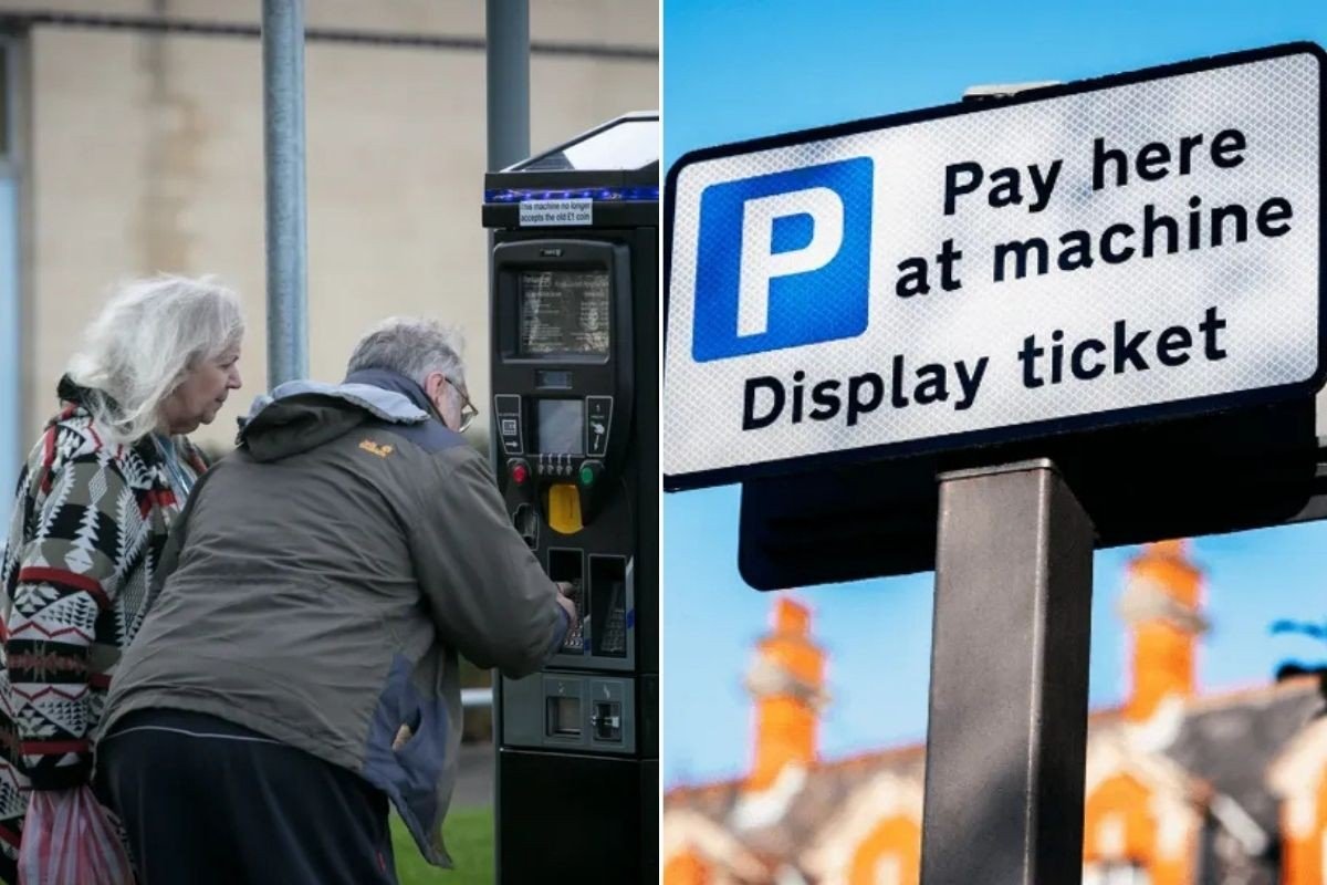 Elderly people paying for parking and a parking sign