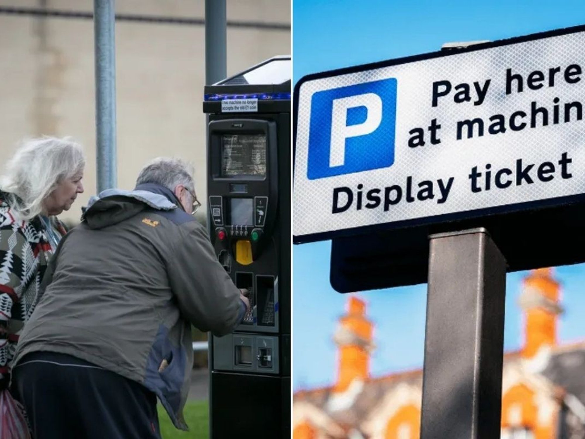 Elderly people paying for parking and a parking sign