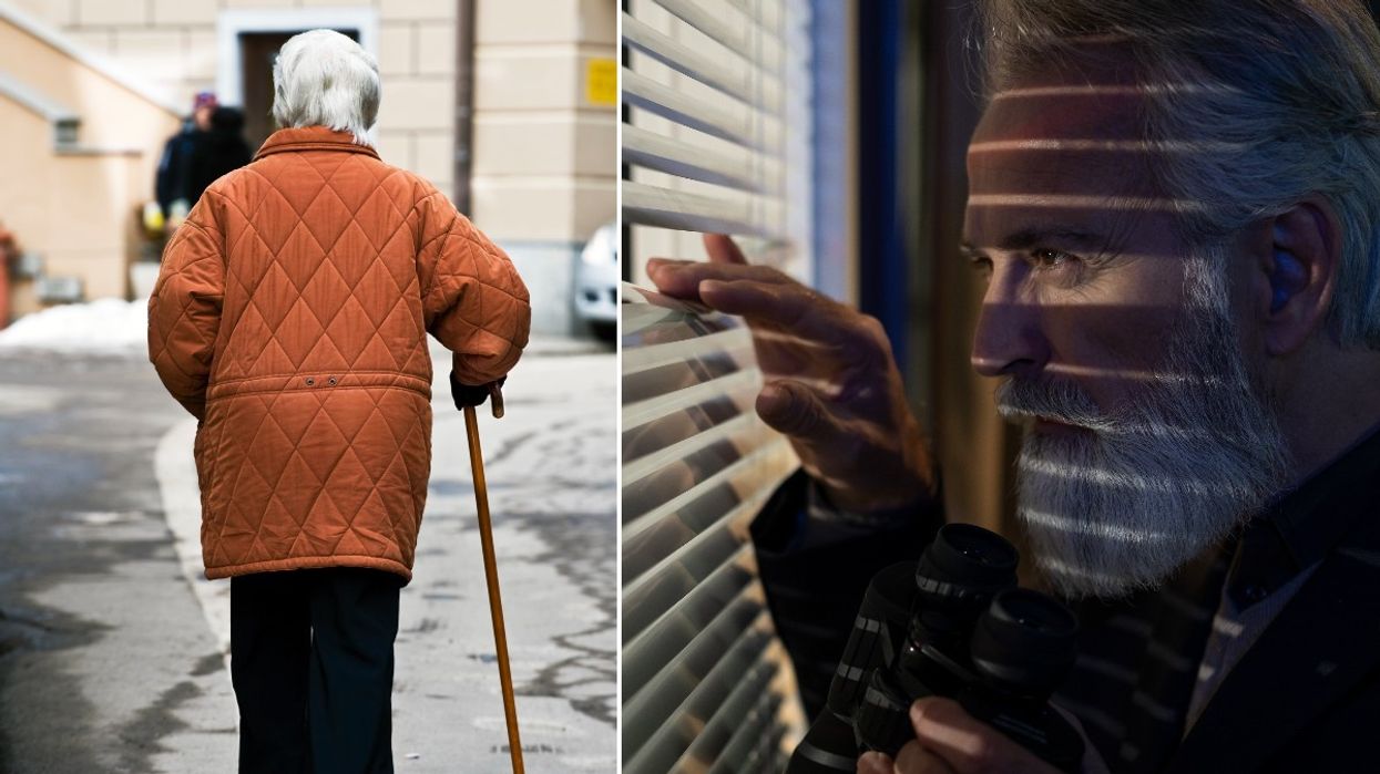 Elderly woman in car park and creepy man watching from window