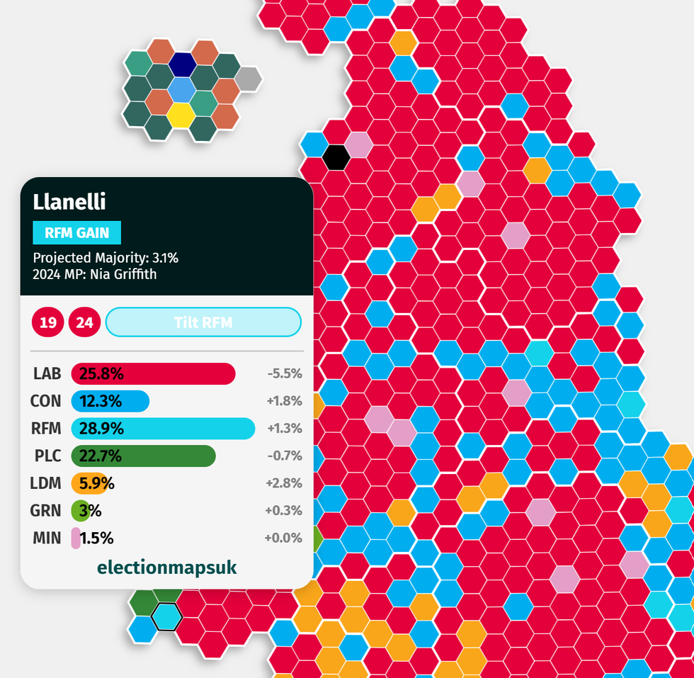 Election map showing Llanelli could tilt Reform