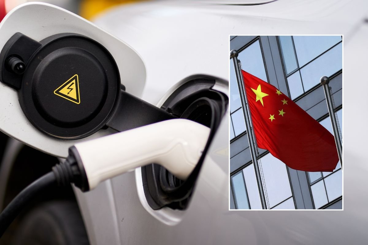 Electric car charger and a Chinese flag