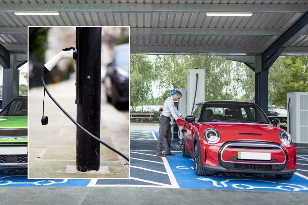 Electric car charger and a man charging an electric car