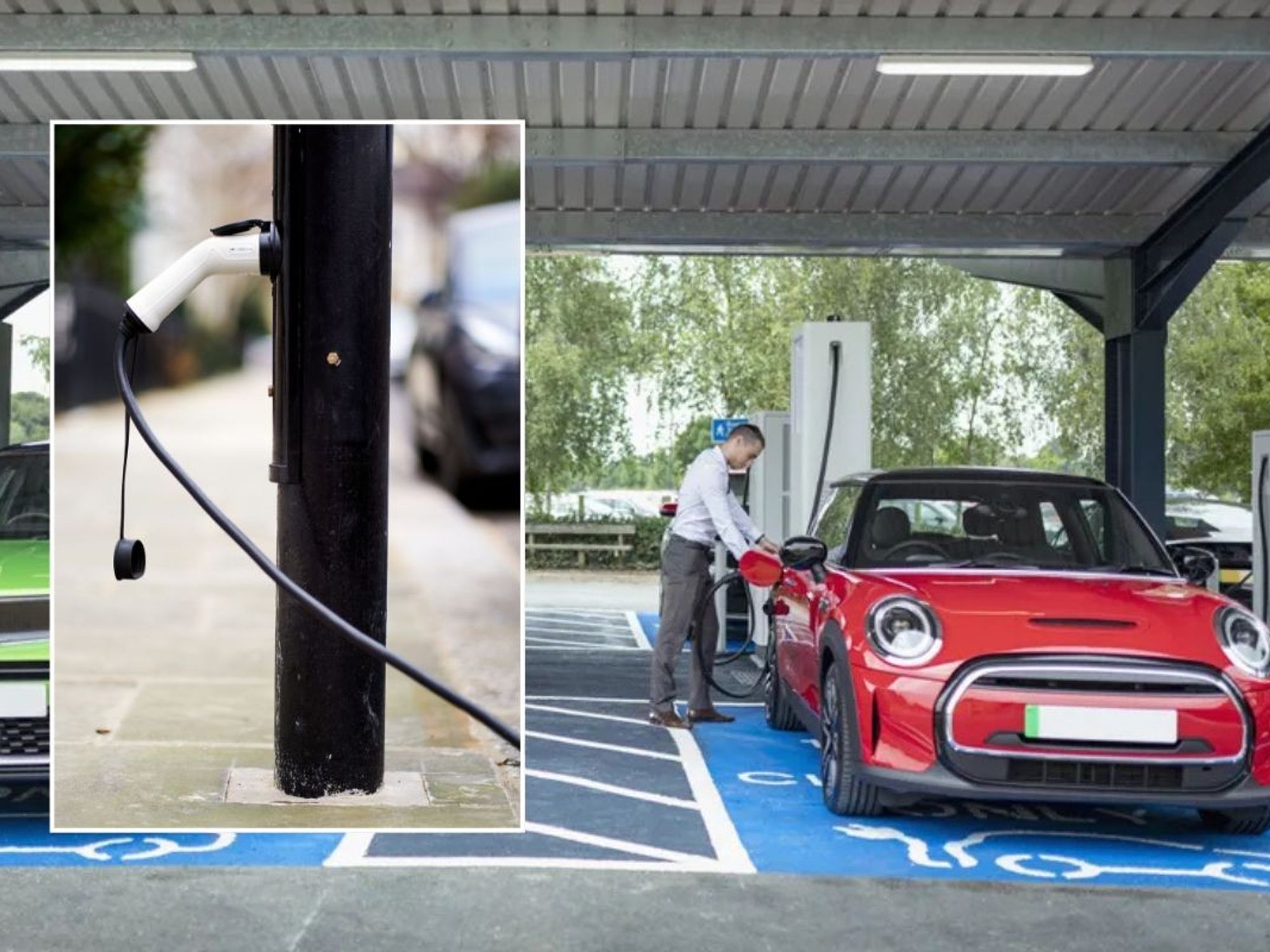 Electric car charger and a man charging an electric car