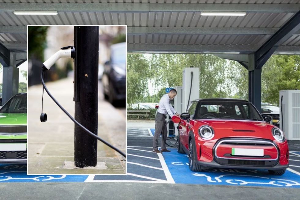 Electric car charger and a man charging an electric car