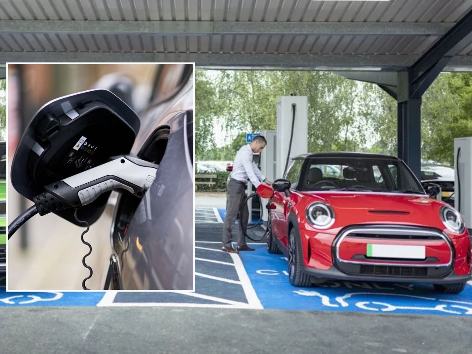 Electric car charger and a man charging an electric car