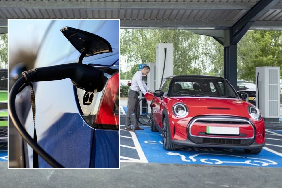 Electric car charger and a man charging his EV