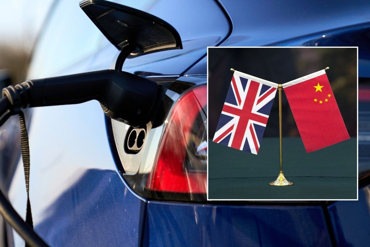 Electric car charger and a UK and China flag