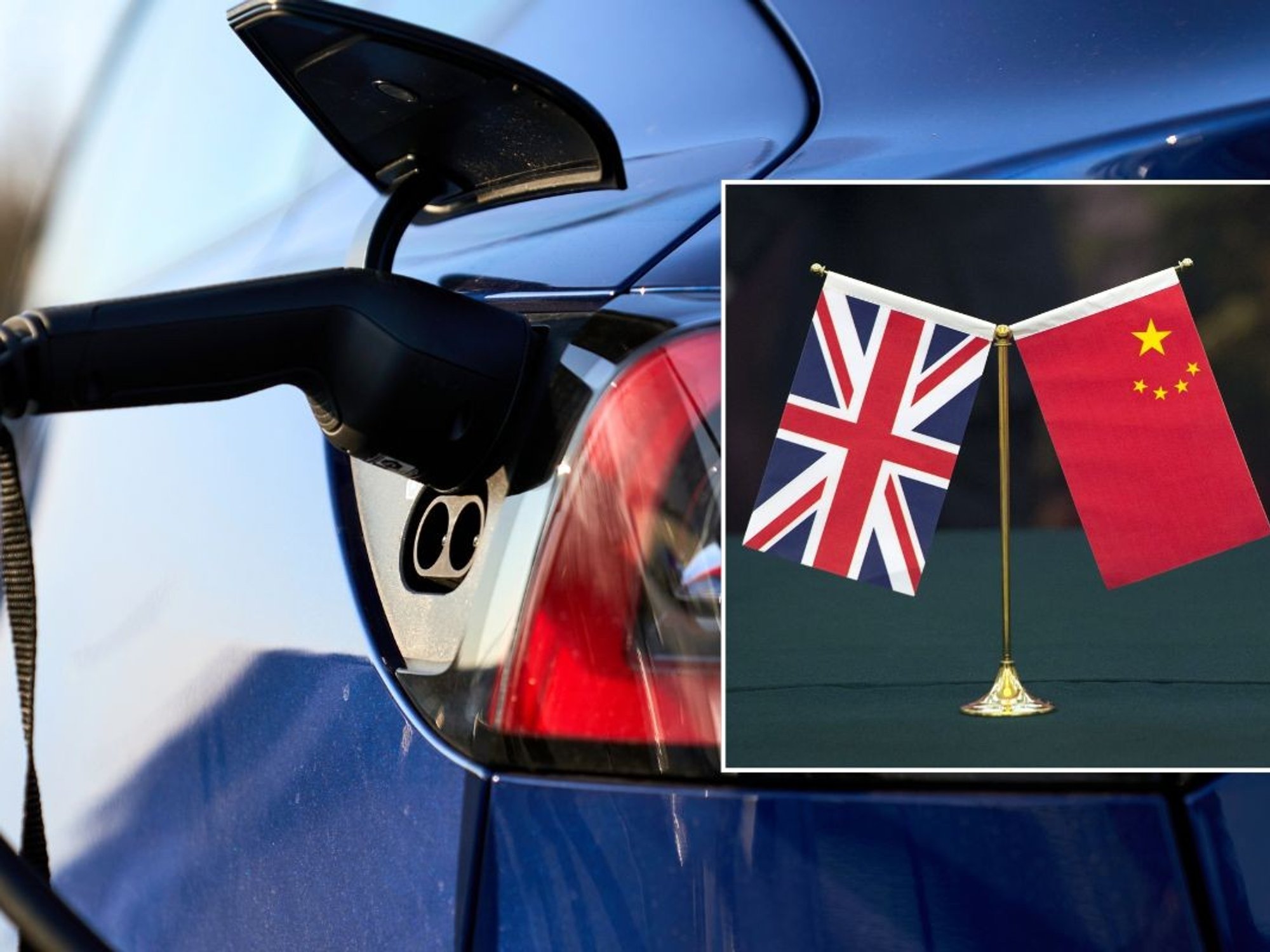 Electric car charger and a UK and China flag