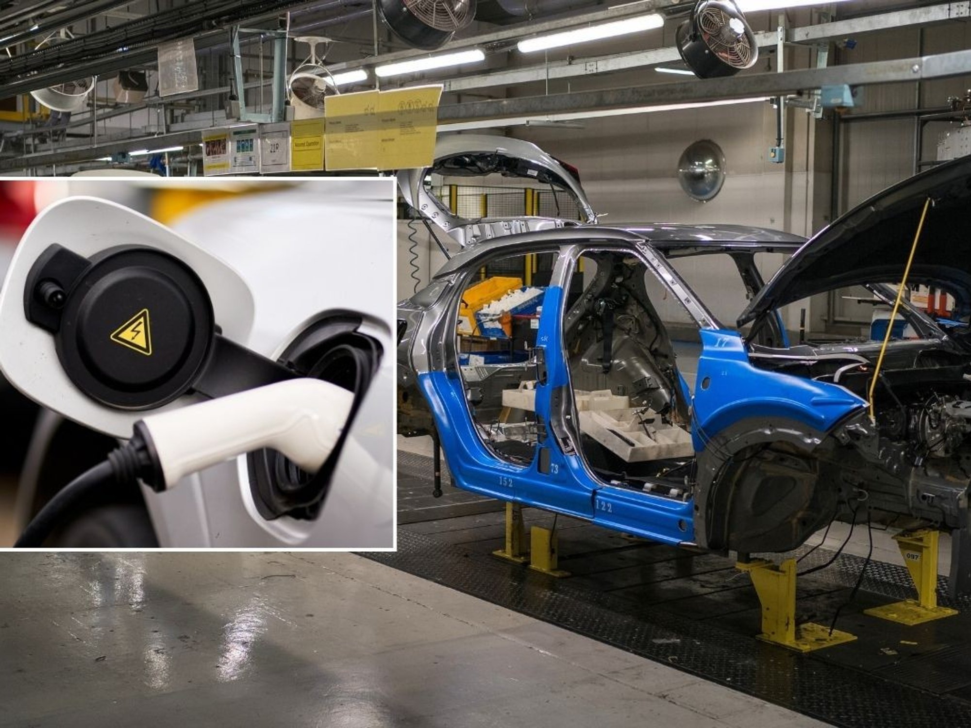Electric car charger and an electric vehicle being manufactured