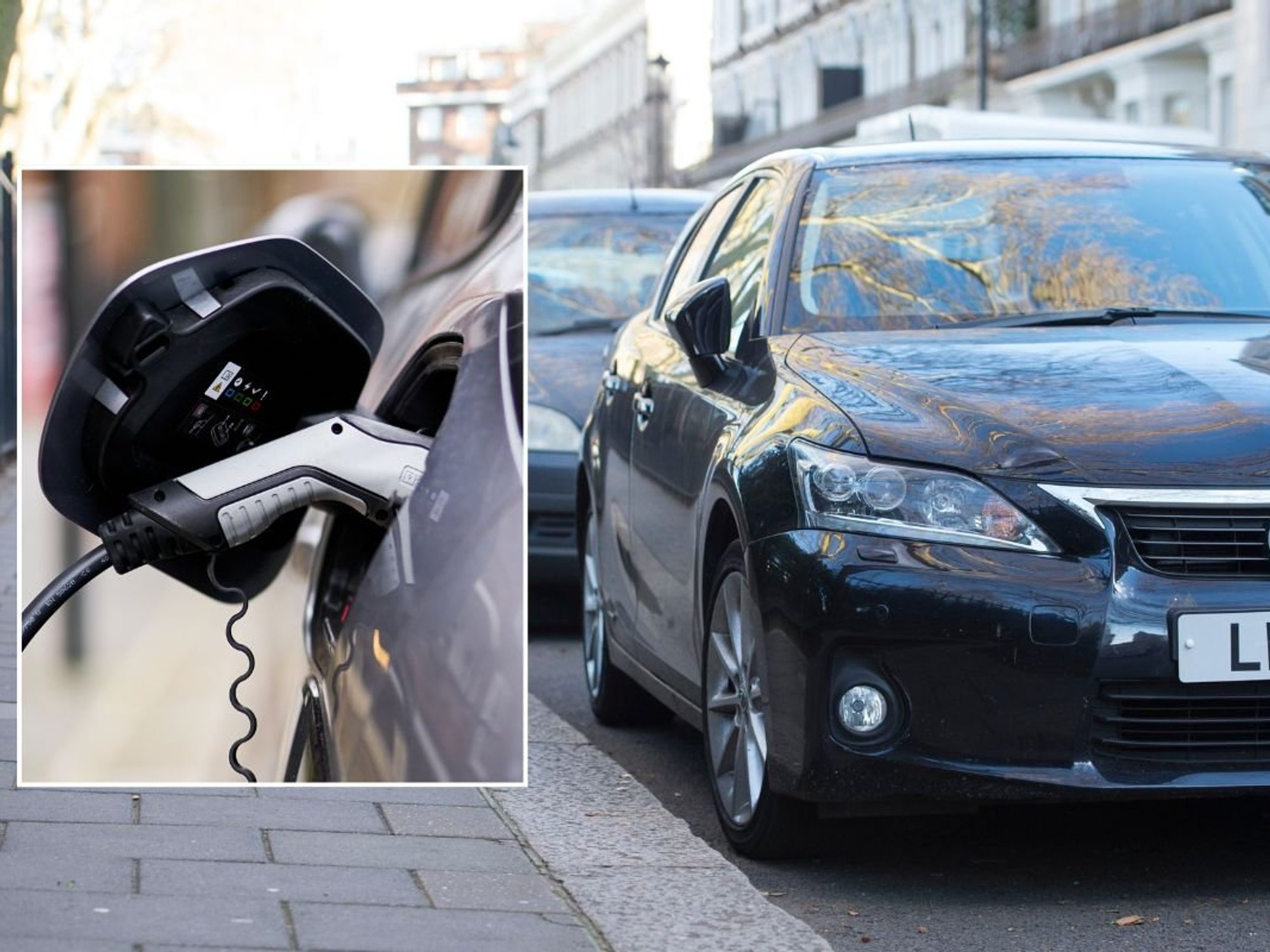 Electric car charger and cars parked on the road