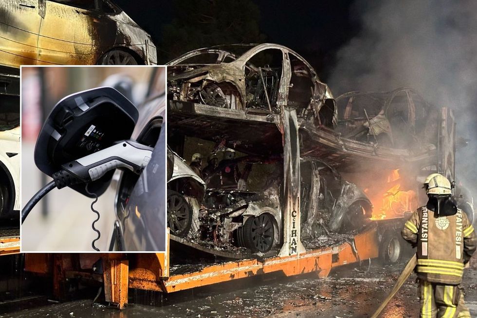 Electric car charger and electric vehicles on fire in Turkey