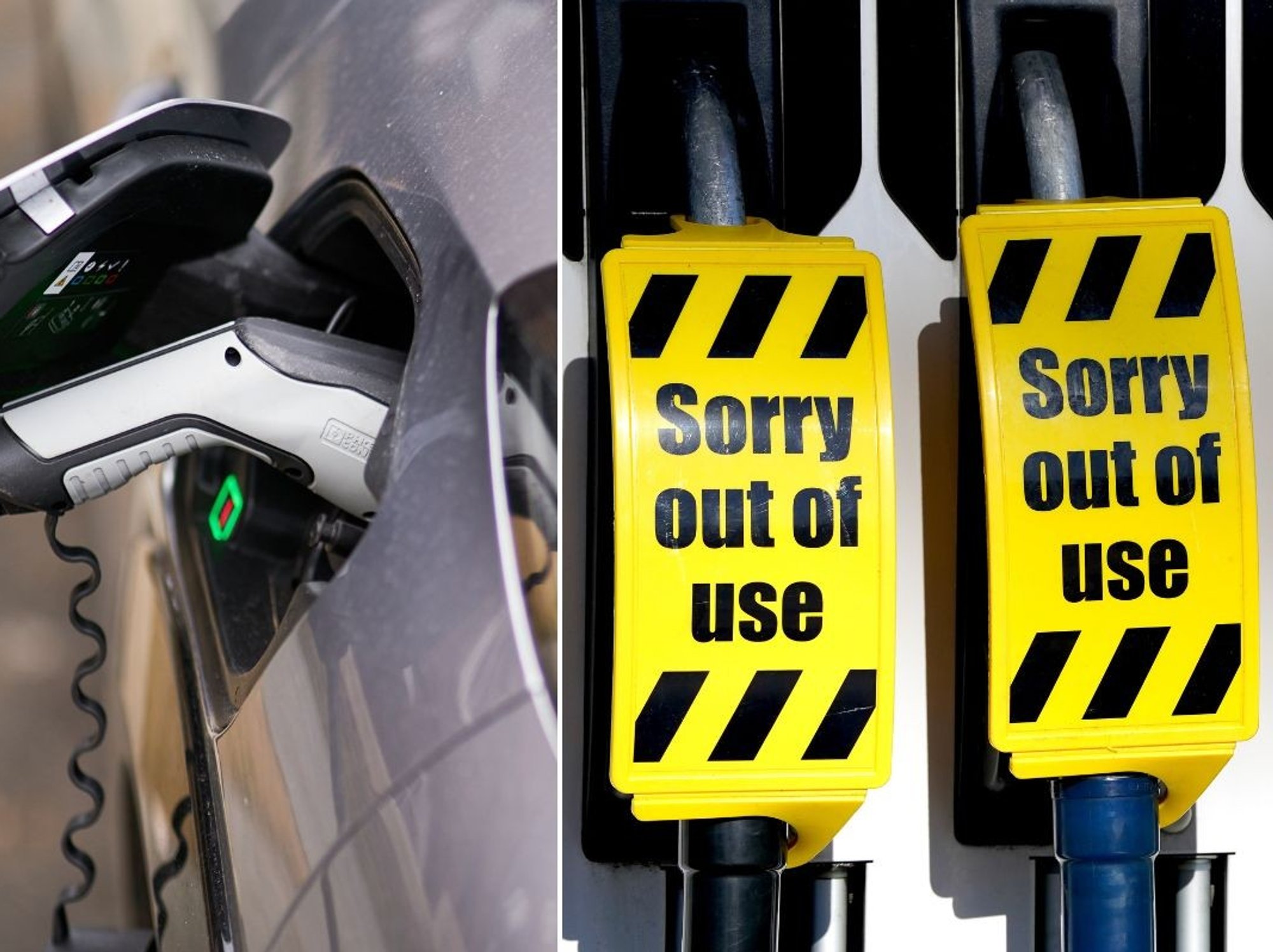 Electric car charger and empty petrol and diesel pumps