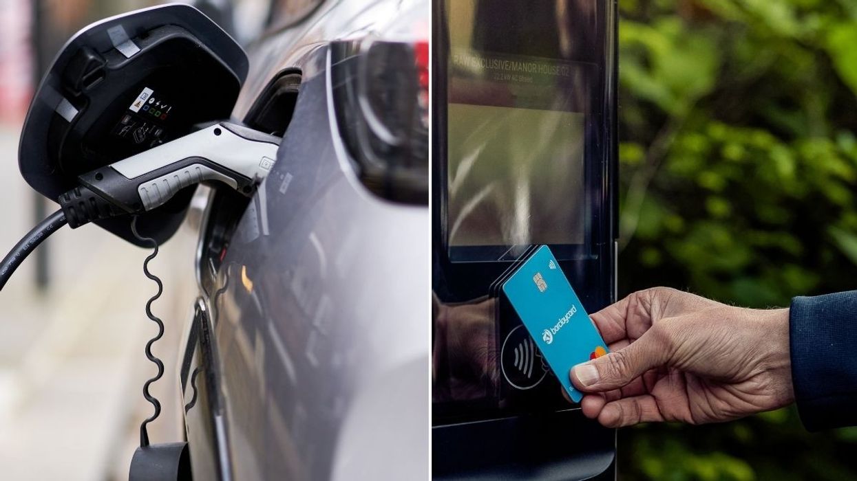 Electric car charger and someone paying for charging