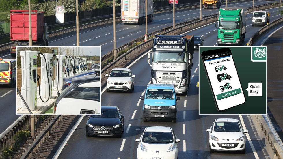 Electric car charger and UK roads and DVLA car tax sign