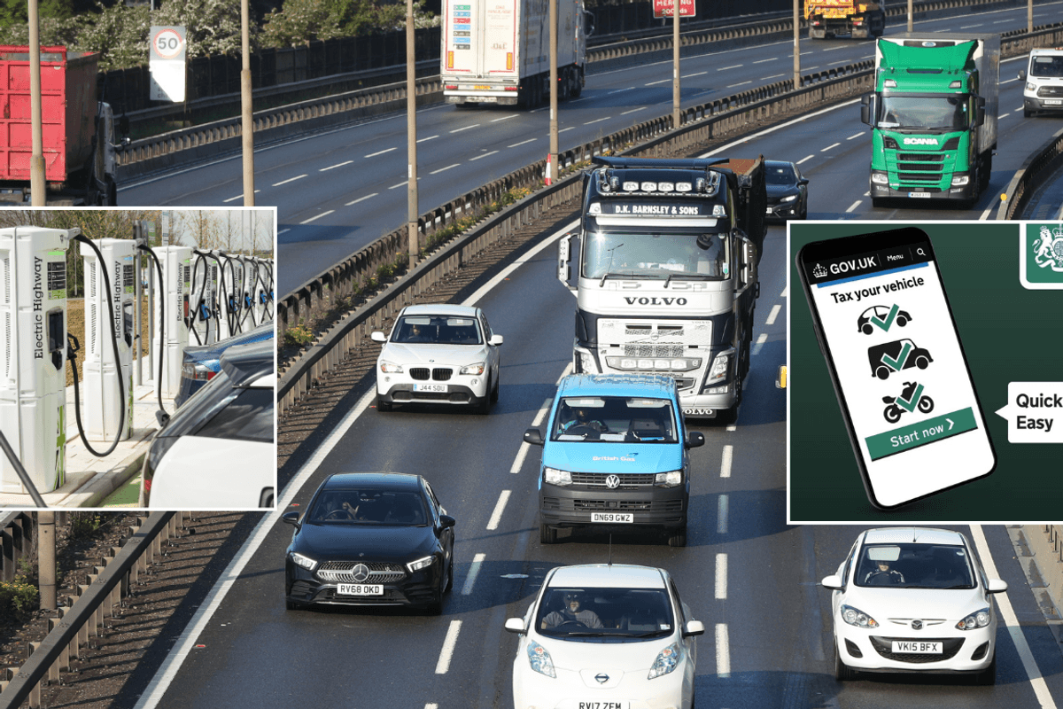 Electric car charger and UK roads and DVLA car tax sign