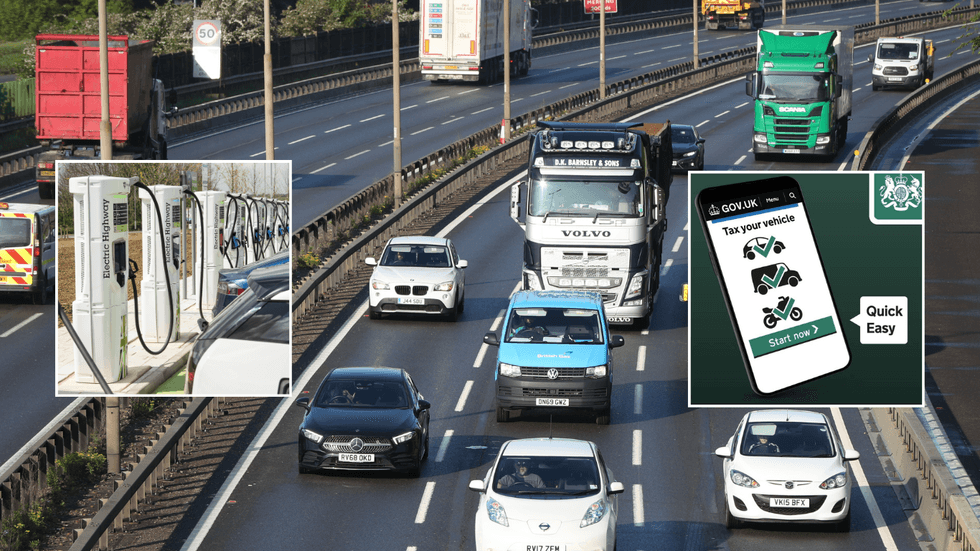 Electric car charger and UK roads and DVLA car tax sign