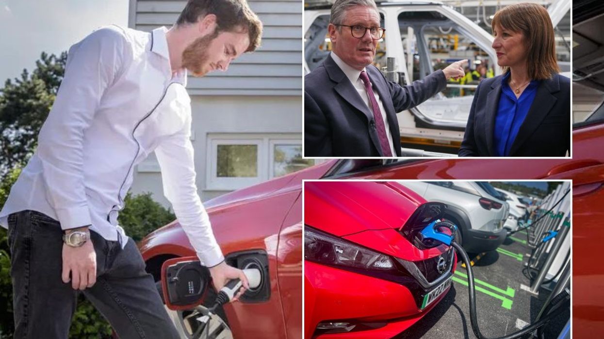 Electric car charger, Keir Starmer and Rachel Reeves at a vehicle factory and electric vehicles charging