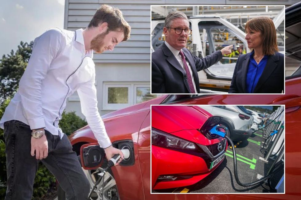 Electric car charger, Keir Starmer and Rachel Reeves at a vehicle factory and electric vehicles charging